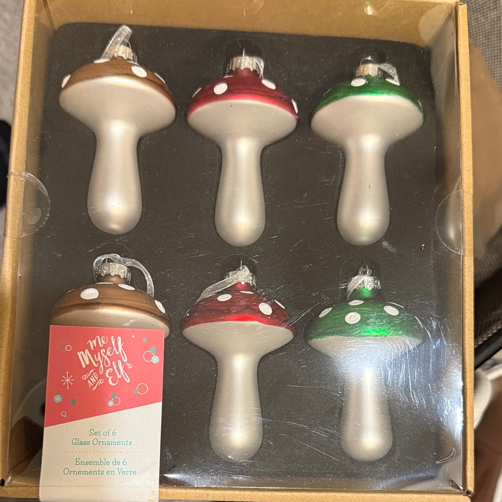Festive Mushroom Glass Ornament Set - Silver, Red, Green